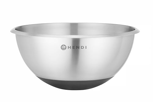 HENDI Cuenco de cocina para mezclar, 3L, ensaladera, recipiente multifuncional, tazón de comida, bol mezclador, con base de goma antideslizante, ⌀265x(H) 125mm, acero inoxidable
