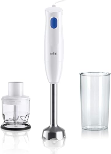 Braun MultiQuick 1 MQ10.201MWH, Mixeur Léger avec Technologie EasyTwist, Mixeur à Main à 1 Vitesse, Hachoir 350ml et Bécher 600ml inclus, 450W, Blanc