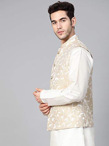 Image of MANQ Men Fawn Woven Jaquard Silk Nehru Jacket (Size:36)