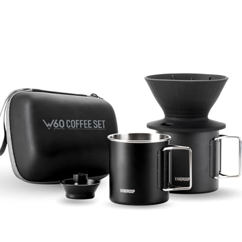 Vandroop Camping Pour Over Coffee Maker Set - Travel V60 Kit with Collapsible Dripper and Stainless Steel Cups
