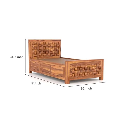 Image of Sheesham Wood Single Size Bed with Storage Box | Wooden Cot for Bedroom | Premium Niwar Design Headboard Bed for Living Room | Honey Finish