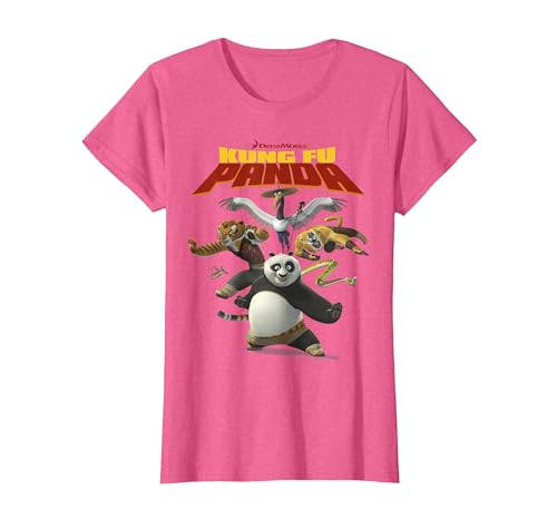 Kung Fu Panda Group Shot Action Portrait Movie Logo T-Shirt, Women, Pink Heather, Large