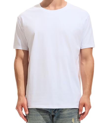 RONOMO Men's Solid Colour T-Shirt 95% Cotton 5% Spandex | Pre-Shrunk Washed | Reinforced Ribbed Collar | Colourfast | Casual Basic Tee Slim Fit（LW White 4XL