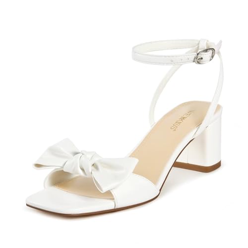 wetkiss Women's White Heels with Bow Strappy Heeled Sandals for
