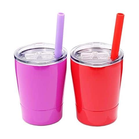 Colorful PoPo Stainless Steel Lovely Small Rambler Tumbler with Lid and Silicone Straw, Set of 2 (Purple Red, 8.5 OZ) Cover