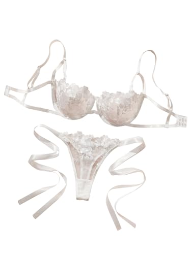 Image of Lilosy Sexy Tie Side Cute Underwire Push Up Strappy Embroidered Mesh Sheer Lingerie Set