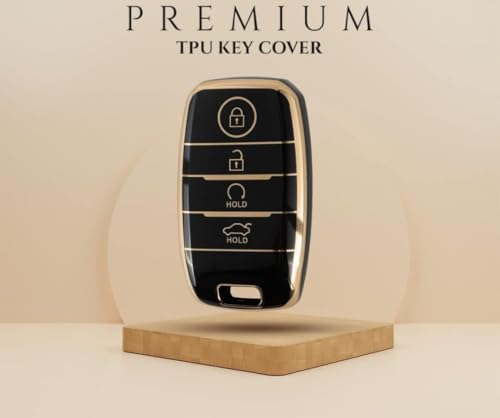 Image of TPU Car Key Cover Black & Golden Compatible for KIA Seltos,Sonet,Carens (KIA, 4 Button Push Smart Key New)