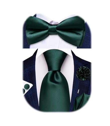 Image of Hi-Tie 5Pcs Mens Solid Color Silk Tie Satin Pretied Bowtie Lapel Pin for Men Handkerchief Cufflink Wedding Gift Box