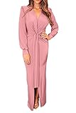 PRETTYGARDEN Women's Spring Long Sleeve Maxi Bodycon Dresses V Neck Twist Front Ruched Cocktail Evening Dress with Slit (Pink,Small)