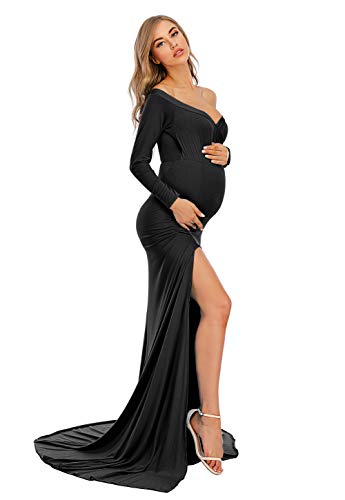Ziumudy Elegant Fitted Maternity Gown Side Split Off Shoulder Long Sleeve Maxi Photography Dress Baby Shower (Black, Large) #TOP3