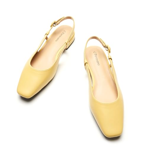 C.Paravano Women's Square Toe Slingback Flats Ankle Strap Casual Shoes Slip-On Sandals Comfortable Flats for Daily Wear 7 Yellow