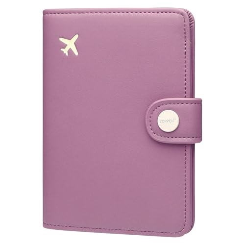 Image of ZOPPEN Passport Holder for Travel Essentials, RFID Blocking PU Leather Water-Resistant Lightweight Passport Cover with Multiple Card Slots, Easy to Carry Travel Wallet for Women Men, Elegant Purple