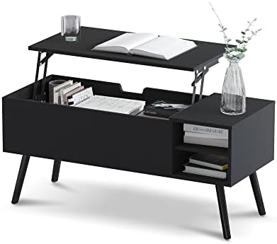 Clikuutory Modern Black Lift Top Coffee Table with Hidden Compartment and Adjustable Storage Shelf, Mid Century Rustic Dining Table with Wood Legs for Home, Living Room, Office