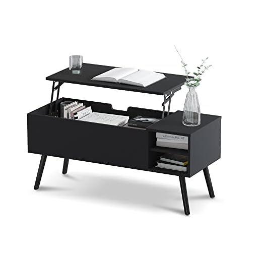 Clikuutory Modern Black Lift Top Coffee Table with Hidden Compartment and Adjustable Storage Shelf, Mid Century Rustic Dining Table with Wood Legs for Home, Living Room, Office