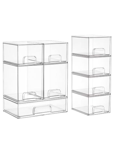 Image of Vtopmart Stackable Storage Drawers Set of 9, Clear Plastic Organizer Bins for Baby Bottle, Beauty Supplies Storage, Ideal for Kichen Countertop, Vanity, Bathroom, Cabinet, Pantry Organization