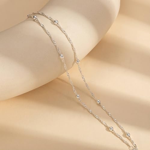 Image of Freekiss Sterling Silver Ankle Bracelets for Women: Dainty Layered Waterproof Anklet for Women Adjustable Womens Anklet Set Stackable Figaro Beaded Cuban Link Anklets Beach Jewelry for Women
