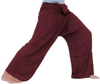 ClickThai.!!. Thai Fisherman Pants Cotton 100% Traditional Tailoring Style Yoga Pants , Relax Pants , Clothes Thai Summer (Red Maroon)