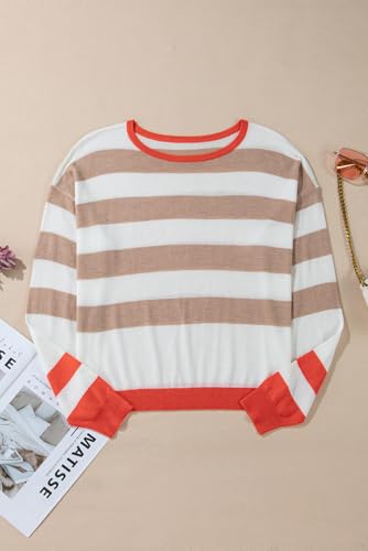 Women's Apricot Colorblock Striped Round Neck Drop Shoulder Sweater4