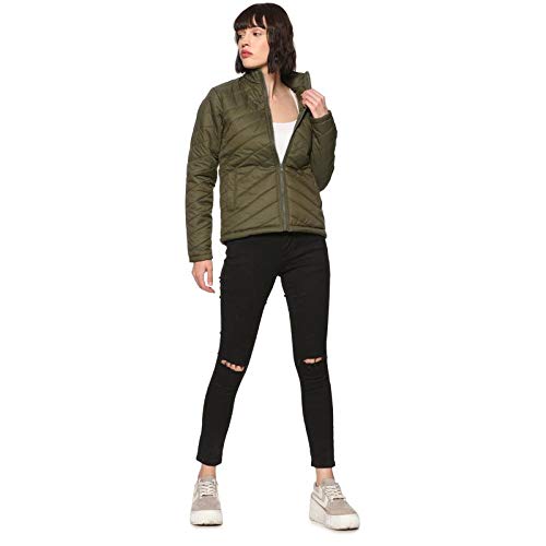 Image of Campus Sutra Women's Olive Green Quilted Puffer Jacket With Zip Closure For Casual Wear | Hooded Neck | Long Sleeve | Zipper Closure | Polyester Jacket Crafted With Comfort Fit For Everyday Wear
