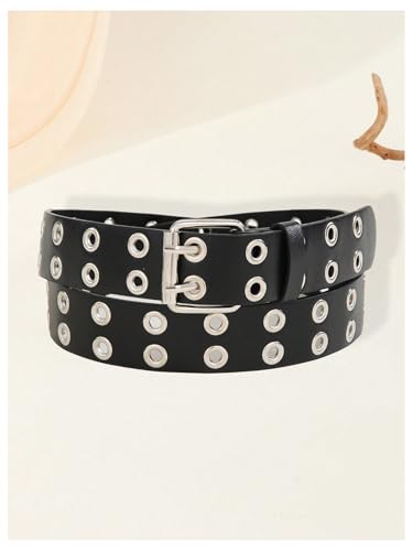 OYOANGLE Women's Grommet Eyelet Leather Belts Y2K Goth Punk Jean Belt with Buckle2