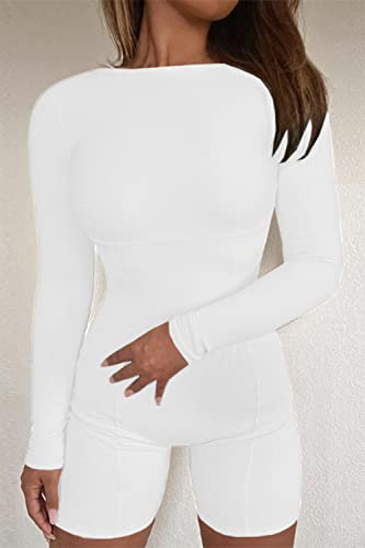 Ioiom Women's Sexy One Piece Long Sleeve Crew Neck Top Rompers Short Bodycon Jumpsuit White M #TOP6