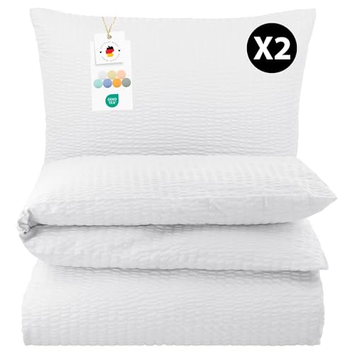 Carpe Sonno Seersucker Bettwäsche 135x200 Baumwolle 4teilig | Weiße Bettwäsche 4teilig Sommer Bettbezug 135 x 200 | Sommerbettwäsche Bügelfreie Bettwäsche-Sets | 4 teilige Bettwäsche 135x200 4teilig