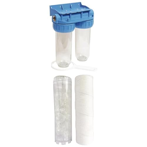 Bundle AQUAWATER - Station filtre double nu 10" avec clé de déserrage + Kit standard 1 filtre bobiné 20 microns et 1 anticalcaire - Filtration optimale de l'eau, fabriqué en France