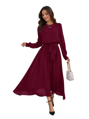Image of LITZO Women's One Piece Dress - Georgette Solid Color Western Gown | Long Sleeve Round Neck Fit & Flare Flared Hem Design | A-Line Maxi Dress for Women | New Year Party Outfit (NO-14-16)
