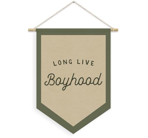 Image of XYDEG Boys Room Decor, Long Live Boyhood Linen Canvas Banner, Boy Nursery Wall Hanging Pennant Flag Banner for Boys Kids Toddler Room Bedroom Playroom Decor, 15x11in - Green