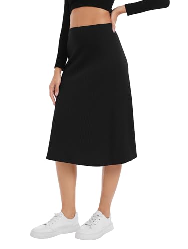 Urban CoCo Women's Elastic High Waist A-Line Flared Midi Skirt Solid Ribbed Knit Skirts2