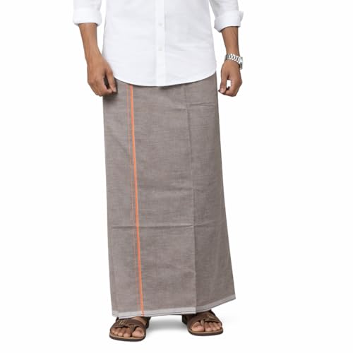 Image of Pure Cotton Dhoti for Men (1.28 x 1.87 m) | Solid Panchalu with Varied Small Color Border | Kerala Cotton Veshti, Khadi Dhoti | Lightweight Pooja & Temple Wear