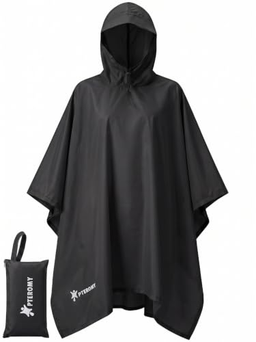 Image of PTEROMY Hooded Rain Poncho for Adult, Waterproof Lightweight Unisex Raincoat for Hiking Camping Emergency