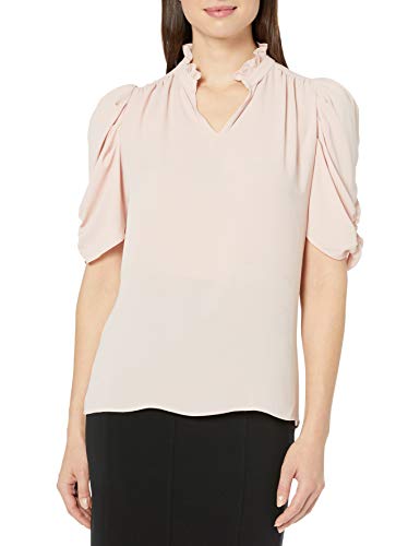 Lark & Ro Half Sleeve Ruffle Neck Woven Blouse Vestido, Blush, XS