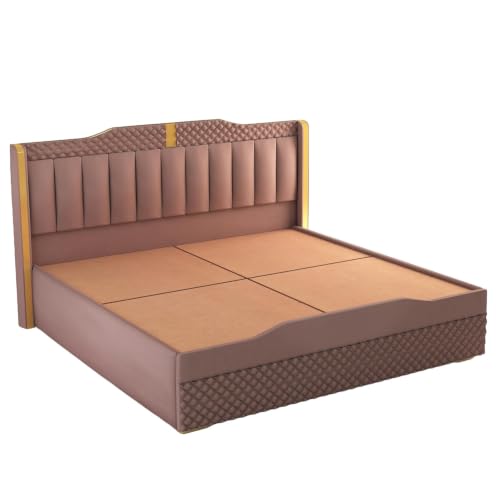 Image of Modern Upholstered Queen Size Bed with Storage | Double Bed with Box Storage & Upholstery Premium Fabric Headboard | Platform Bed for Bedroom & Hotel | Sheesham Wood | Onion Pink, 6.5 x 5 Ft