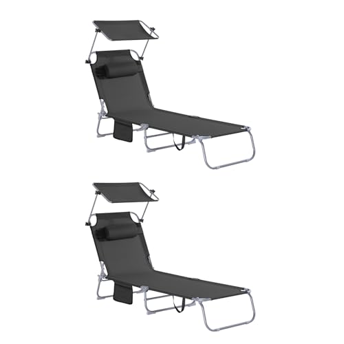 SoBuy Lot de 2 Transat Jardin Extérieur Pliable Bain de Soleil avec Oreiller Chaise Longue avec Pare-Soleil et Poche Latérale Mobilier de Jardin pour...
