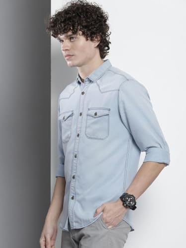 Image of The Indian Garage Co Men Slim Fit Solid Full Sleeves Cutaway Collar Double Flap Pocket Casual Denim Shirt