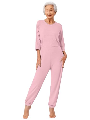 Sinleey Pflegeoverall Damen Demenz Einteiler Mit Reißverschluss am Rücken Alzheimer Pflege Overall Pyjama Senioren Alzheimer Inkontinenz Rosa M