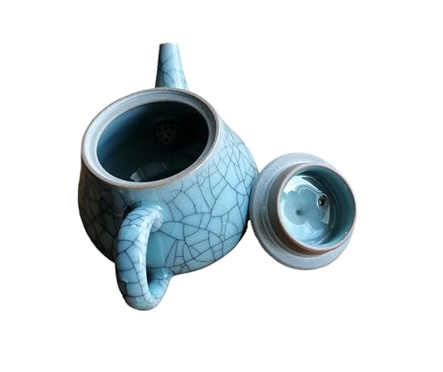 “Tea for One” Small Ceramic Teapot 260ml (8.8oz) - Handmade Longquan Celadon with福Character, Built-in Strainer, Ideal for Gongfu Tea