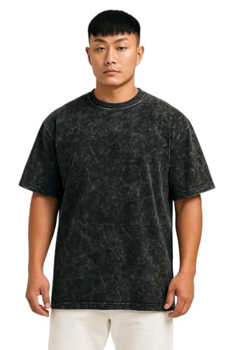 Image of VEL Plain 240 GSM Acid wash Oversized Tshirt Men Drop Shoulder Half Sleeves Round Neck Solid Cotton T-Shirts for Men