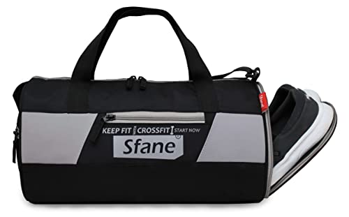 Sfane Men & Women 9.84 inches Gray & Black Leather Gym Bag/Duffle Bag/Sports Bag/Shoulder Bag/Sports Bags/Gym Bags for Men & Women with Shoe Compartment
