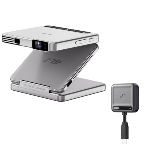 Image of Aurzen ZIP Tri-Fold DLP Mini Projector + CastPlay Pro Dongle, Zero-Lag Focus, Screen Mirroring,Full-Screen Mode,Type-C Fast Charging,5000mAh Battery,Bluetooth,Portable Projector for Cookie, Art, White