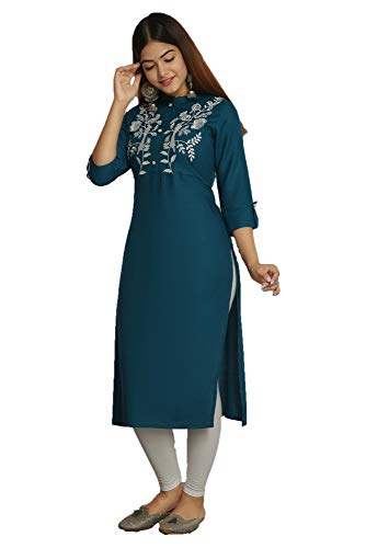 Image of NEW4U Women's Regular Fit Rayon Straight Buttoned Kurta | Designer Printed Kurti /Embroidery Kurta Round Neck Style with Buttons Ethnic Kurta