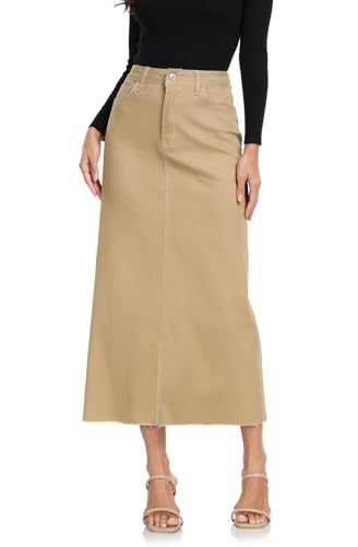 MISS MOLY Women's Jean Skirt Stretch High Waisted Frayed Raw Hem A Line Denim Midi Skirt with Pockets Khaki M