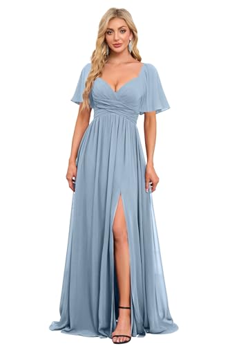 Image of Women's Flutter Sleeves Chiffon Bridesmaid Dresses with Slit Long A Line V-Neck Formal Party Dress with Pockets