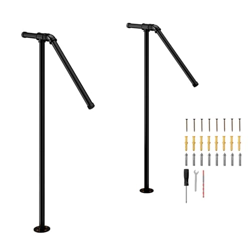 smusei Single Post Handrail for 1-2 Steps, 2PCS Adjustable Height Stair Handrail Black, Patio Porch Outdoor Garden Handrails Safety Hand Support Railing for Elderly, Children & Others, H 85/105CM