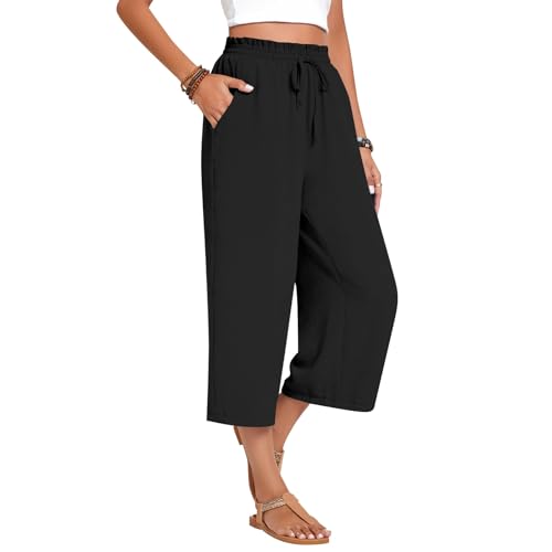 Linen Capri Pants for Women Summer Flowy Wide Leg Capris Pants Elastic High Waist Boho Beach Lounge Pant with Pockets3