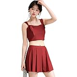 [Teddy] 水着 レディース ビキニ 2点セット キャミキニ ハイウエスト プリーツ フレア ショーツ一体型短パン hys3198 (JP, アルファベット, LL, 標準, ワイン)