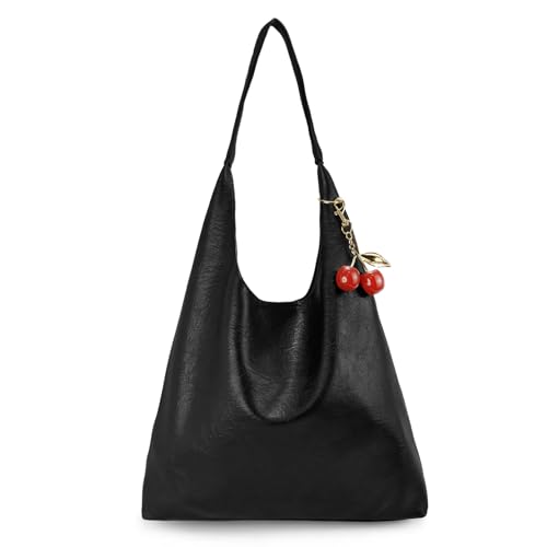 Cherry Hobo Bag Vegan Leather Shoulder Purse Slouchy Designer Crossbody Bag for Women Retro Tote Handbag