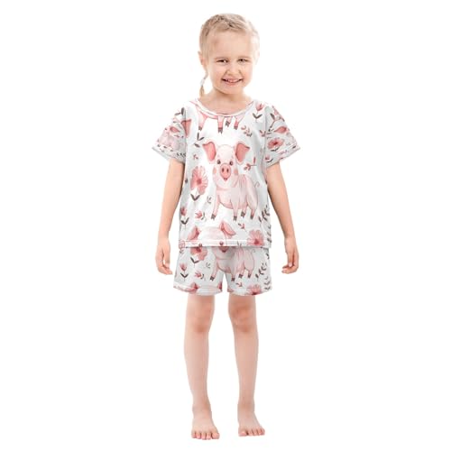 Pink Flower Pig Summer Pajamas Set Short Cotton Sleepwear 2 Piece3