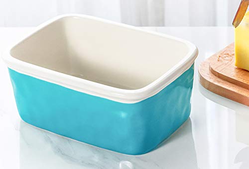 Krokori Large Butter Dish, Stoneware Ceramic Butter Dish Butter Container Margarine Dish Covered Butter Keeper with Wooden Lid Food Storage Box for Daily Use (5.5x3.6x2.6 inches, Aquamarine)